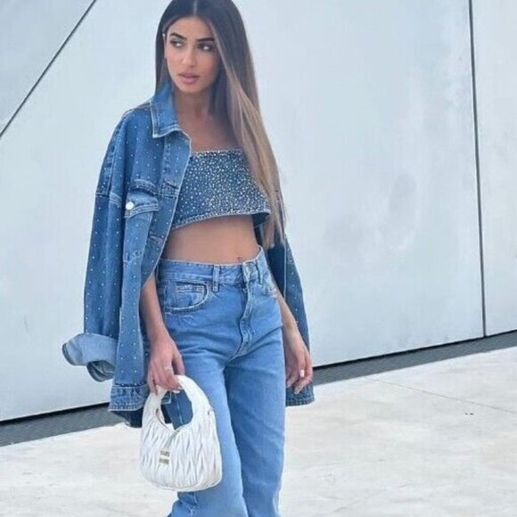 Zara Rhinestone  Jewel Denim Crop Top Blue Blogger Fav Size Small NWT - Picture 3 of 12